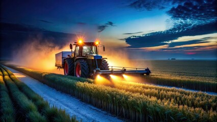 Fototapeta premium Low Light Tractor Spraying Wheat, Pest Control, Fertilizer Application, Night Farming, Agricultural Technology