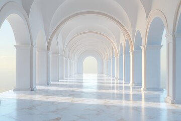3D rendering of a white, empty room with arches on the walls and ceiling, minimalist design.