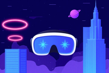 futuristic city with a virtual reality headset on top of it