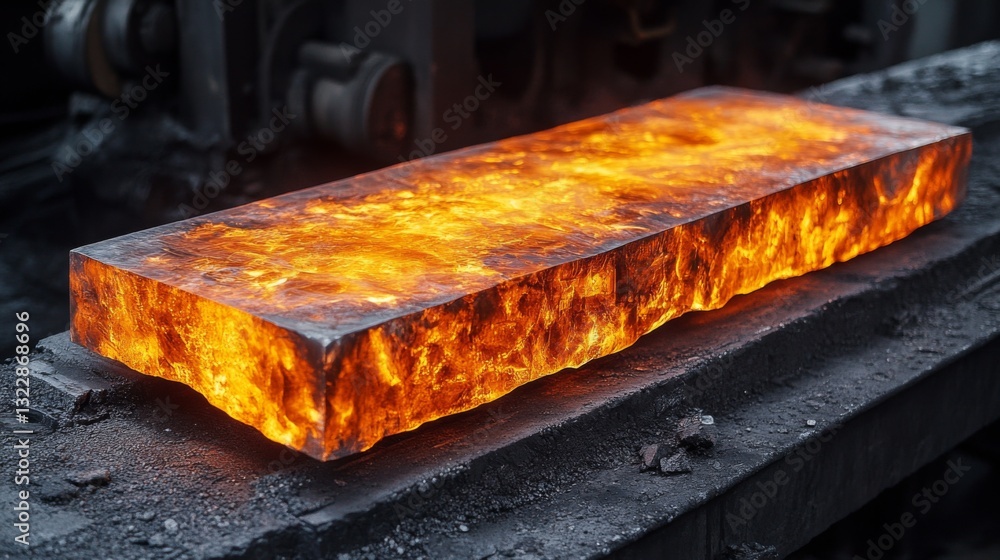 Aufkleber A glowing steel slab is being processed in a factory, showcasing intense heat from metallurgy operations. The automation and engineering involved highlight industrial capabilities.