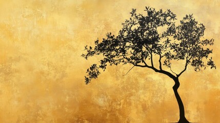 Silhouette Tree Against Golden Textured Background