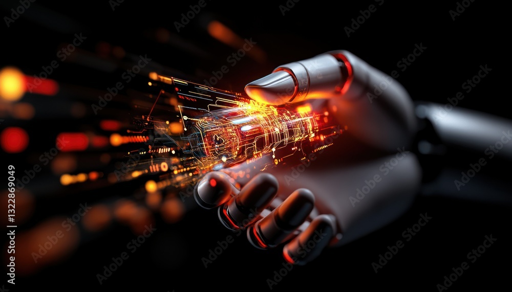 Poster futuristic robot hand displaying digital data and light effects in a dark background