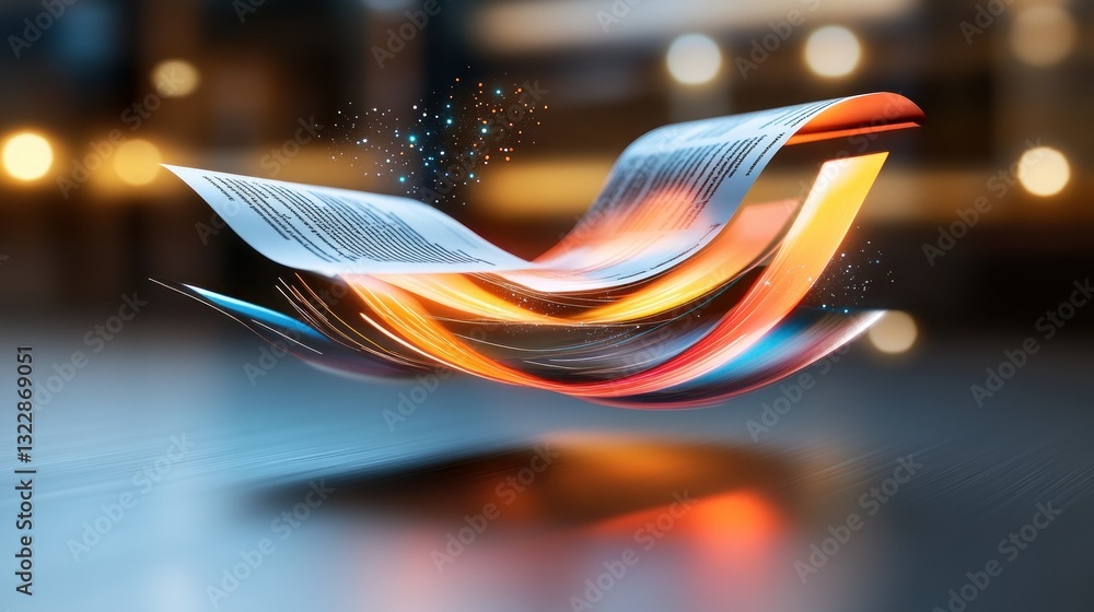 Poster dynamic flow of abstract pages with light trails in a creative digital space