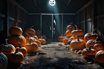 Sinister Portrait of Twisted Pumpkins in a Shadow-Filled Barn - Haunting Halloween Imagery