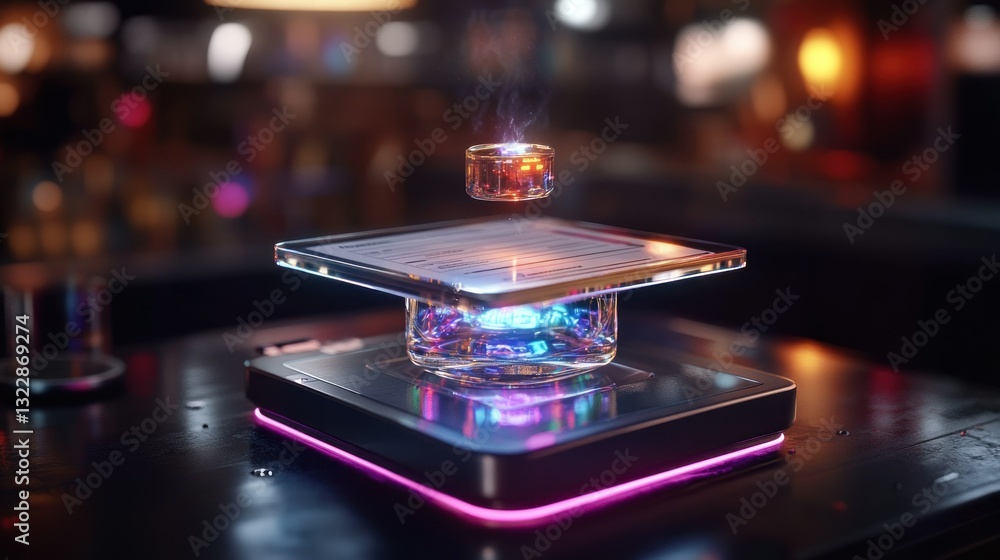 Poster futuristic technology display with hovering device and glowing light effects in modern setting