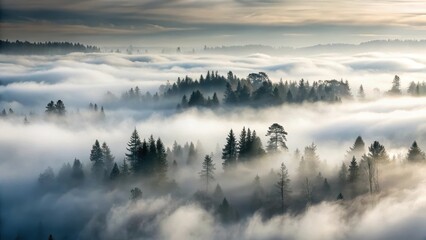 Fototapeta premium Dense fog envelops the landscape, shrouding everything in a thick veil of grey mist