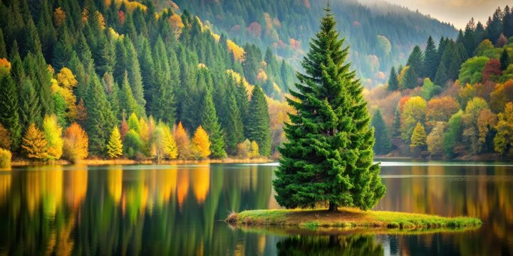 Majestic Norway spruce tree with a conical shape and dark green needles stands in front of a serene lake or river, surrounded by lush greenery and autumn leaves , lake, conical shape