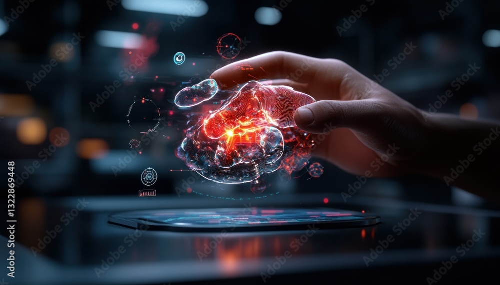 Poster futuristic hand holding glowing brain in digital environment with data visualizations and interactiv