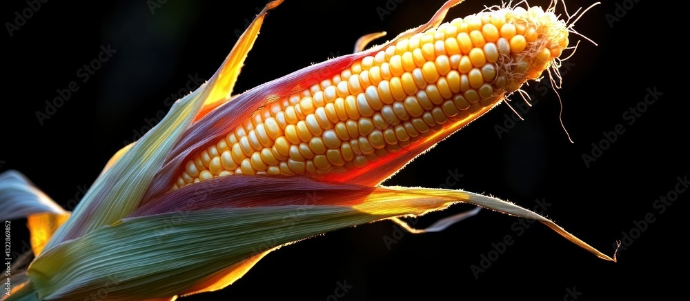 Poster close-up of yellow corn cob with natural light highlighting smooth kernels on dark background