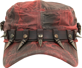 Stylish red and black cap with spikes and decorative strap for edgy fashion lovers