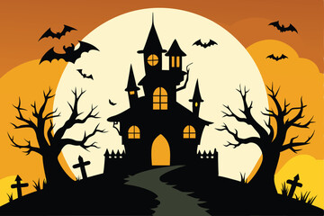 Halloween illustration. Haunted house under full moon with trees and graveyard for Halloween night