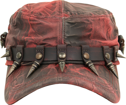 Stylish red and black cap with spikes and decorative strap for edgy fashion lovers