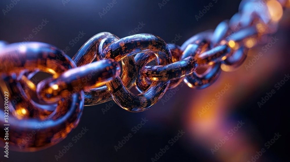 Poster close-up view of intricate metallic chain links with bright reflective surfaces and abstract backgro