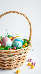 Colorful Easter eggs in basket.