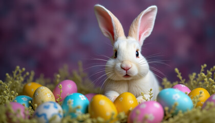 A cute Easter bunny with eggs.
