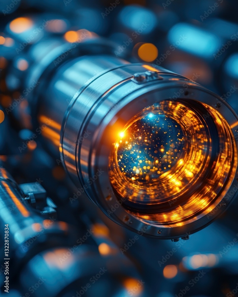 Poster close-up view of a camera lens with sparkling light reflections and blue bokeh background