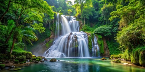 Fototapeta premium waterfall cascading gracefully in the midst of a lush forest , greenery, scenic, greenery, scenic, outdoor, misty