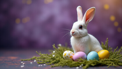 Obraz premium A cute Easter bunny with eggs.