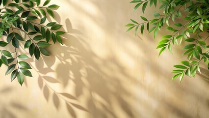 beautiful natural background with blurred leaf shadow on cream-colored wall, greenery