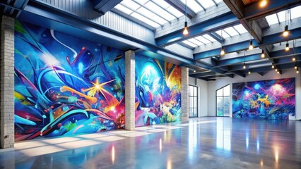 Obraz premium Vast industrial space featuring vibrant abstract murals on brick walls, illuminated by pendant lights, showcasing a polished concrete floor reflecting colorful artwork.