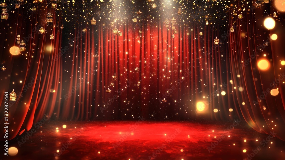 Poster stage with red curtains and sparkling lights for performance