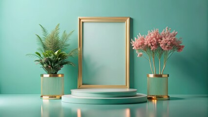 Elegant Teal Room Setting with Gold Accents and Blooming Flowers for Display