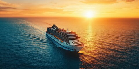 Naklejka premium Majestic Cruise Ship Sailing into Golden Sunset Over Calm Ocean