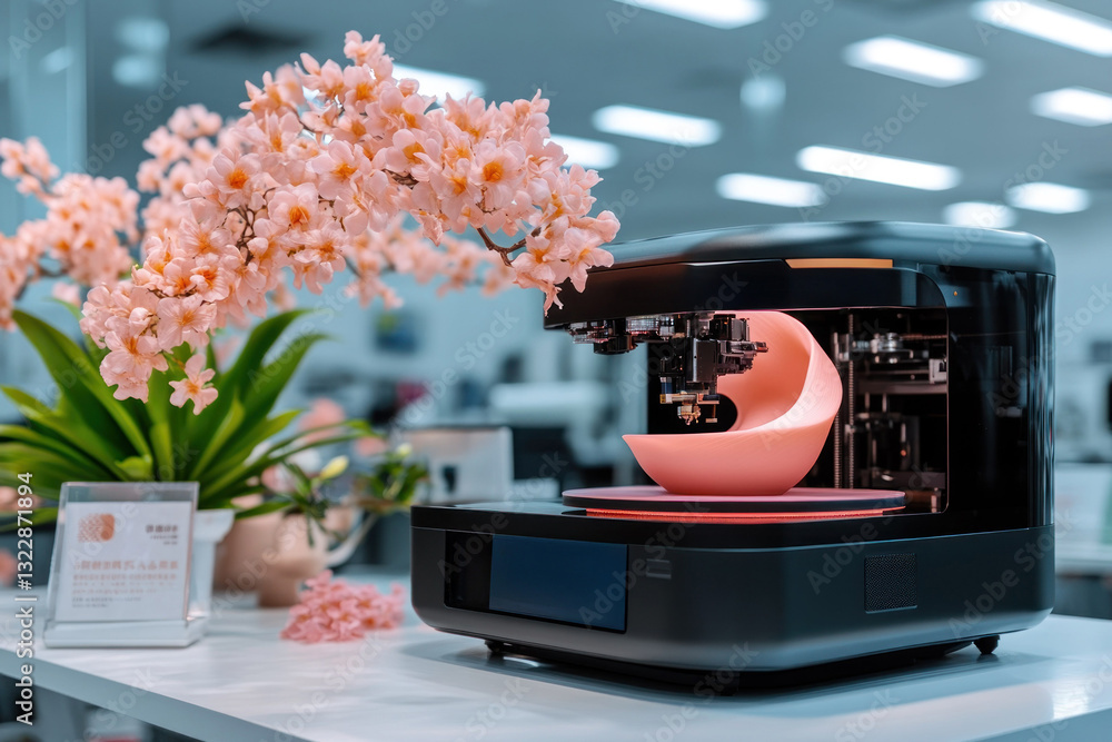 Aufkleber modern 3d printer creating innovative design in stylish workspace with flowers and greenery
