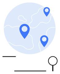 Blue map globe with three location pins, magnifying glass, and abstract lines, symbolizing global navigation, search tools, connectivity, exploration, travel logistics and geography. Ideal for flat