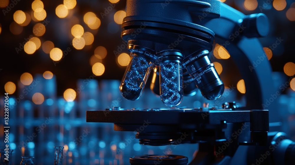 Poster close-up of laboratory microscope with blurred lights in background for scientific research use