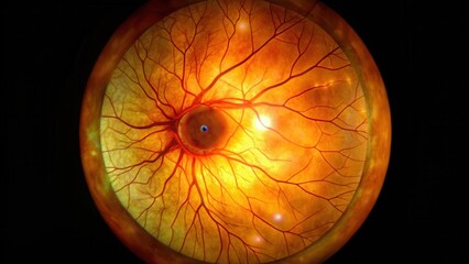Ophthalmoscopy image of diabetic retinopathy showing hemorrhages and exudates on the retina , optic nerve, ophthalmoscopy