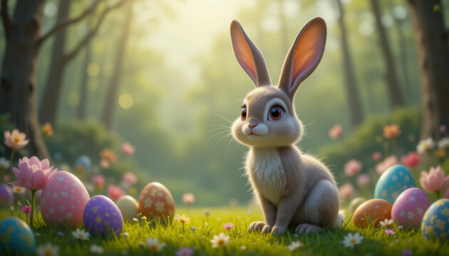 A cute easter bunny with eggs.