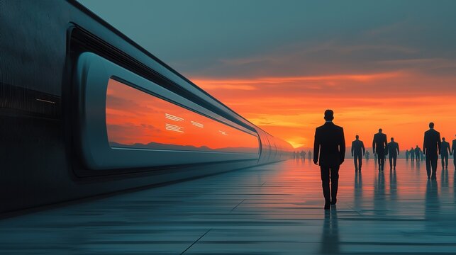 Leader guiding diverse team at sunset in futuristic cityscape digital art inspirational atmosphere - Powered by Adobe