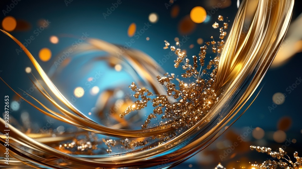Poster abstract gold and blue swirls with shimmering lights and sparkling particles background design