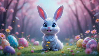 A cute easter bunny with eggs.