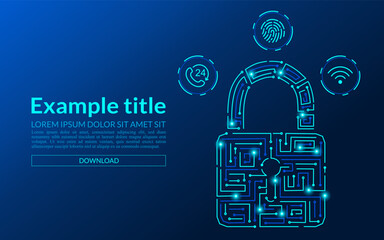 Low poly cyber security concept. Padlock symbol formed by lines and triangles on blue background