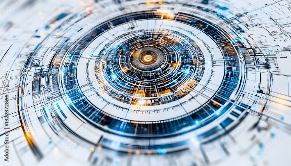 Poster abstract digital technology background with concentric circles, glowing lines, and futuristic design