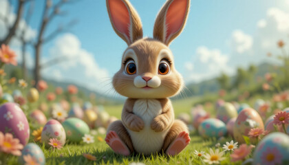 A cute easter bunny with eggs.