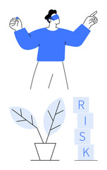 Blindfolded person extends hand near stacked RISK blocks and a potted plant. Ideal for decisions, challenges, risk management, leadership, growth strategies, uncertainty, abstract line flat metaphor