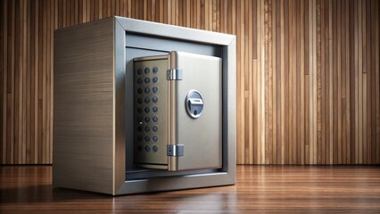 A sturdy metallic safe partially open against a backdrop of vertical wooden slats, hinting at security and protection of valuables.