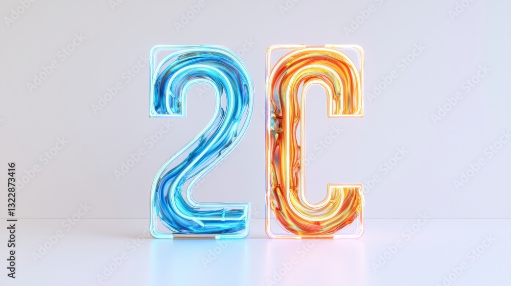 Aufkleber shimmering neon numbers 2c abstract 3d render bright colorful minimalist design