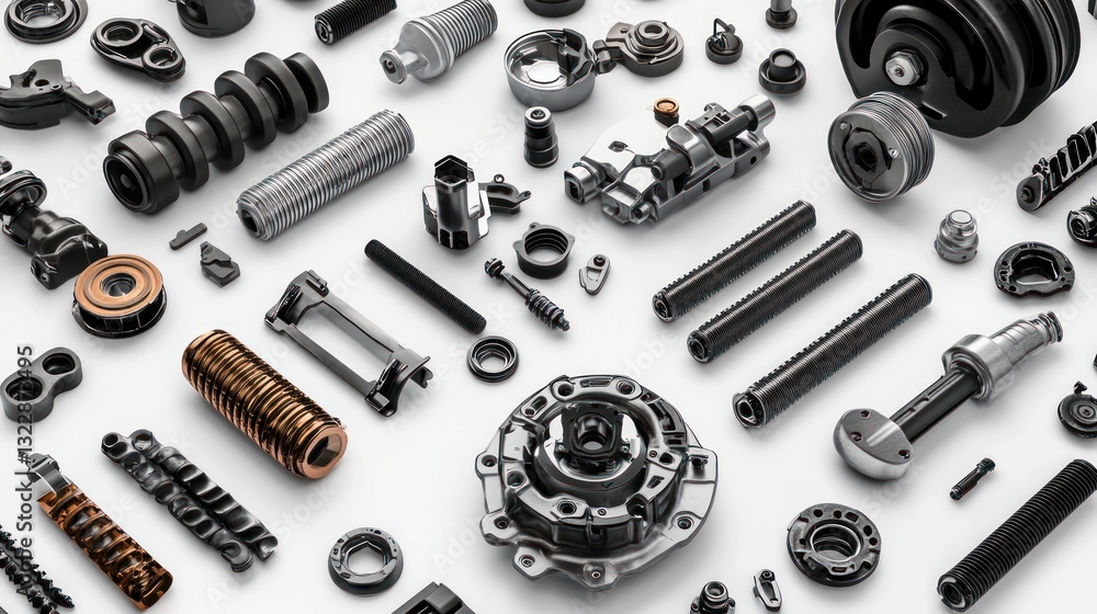 Poster assorted engine parts displayed on a white background