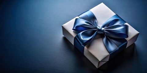 Fototapeta premium Elegant White Gift Box with Satin Bow on Dark Blue Background for Father's Day and Birthday Celebrations - Festive Sale Flat Lay Photography
