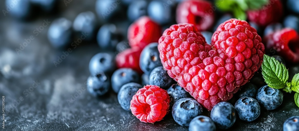 Poster fresh raspberries and blueberries displayed together with heart-shaped raspberry on dark background