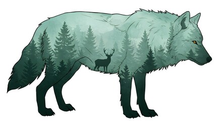 Silueta de lobo con doble exposición y escena de bosque y vida salvaje