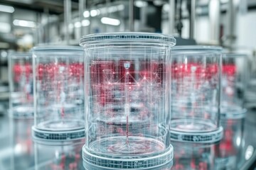 Transparent laboratory containers with digital overlays in a modern scientific research facility