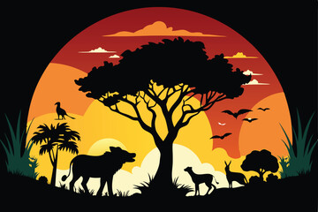 Silhouette of African Animals at Sunset vector
