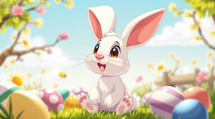 Fototapeta premium A cute Easter bunny with Easter eggs.