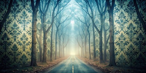 Obraz premium Enigmatic Double Exposure of Damask Wallpaper and a Surreal Forest Road with Ghost Shadows for a Spooky Halloween Atmosphere