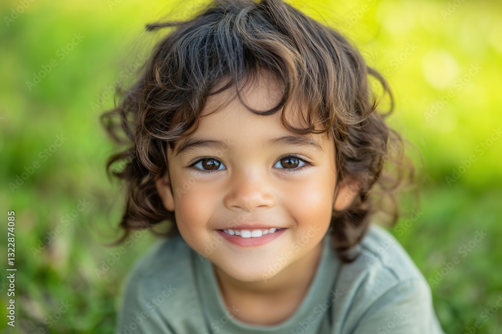 Poster happy child enjoying a sunny day in the park with green grass in the background smiling joyfully